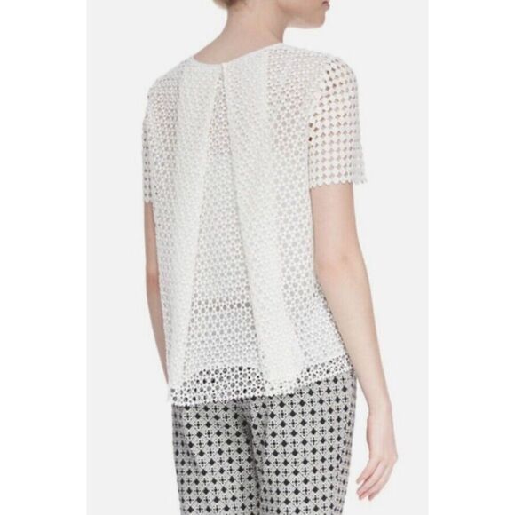 Tory Burch Crescent Guipure Lace Pleated Back Short Sleeve Top Off‎ White Size 4 - Picture 1 of 9